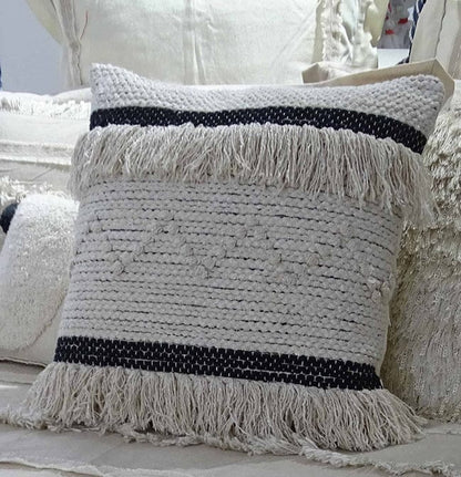 20" X 20" White And Black Ribbed Zippered Hand Loomed Cotton Blend Throw Pillow With Fringe