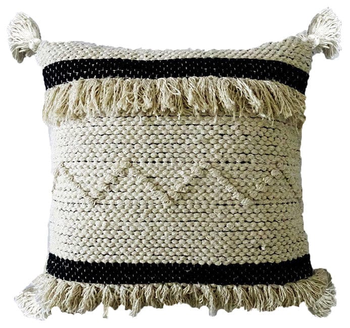 20" X 20" White And Black Ribbed Zippered Hand Loomed Cotton Blend Throw Pillow With Fringe