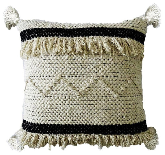 20" X 20" White And Black Ribbed Zippered Hand Loomed Cotton Blend Throw Pillow With Fringe