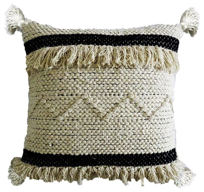 20" X 20" White And Black Ribbed Zippered Hand Loomed Cotton Blend Throw Pillow With Fringe