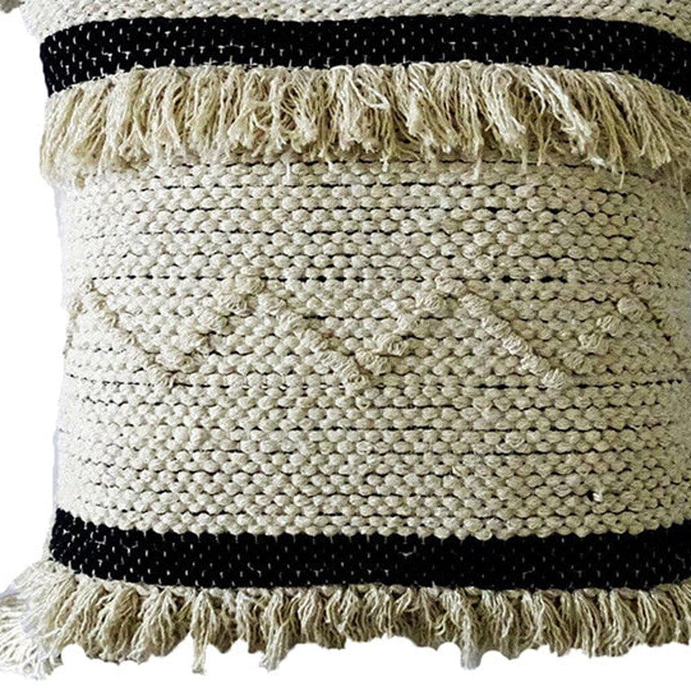 20" X 20" White And Black Ribbed Zippered Hand Loomed Cotton Blend Throw Pillow With Fringe
