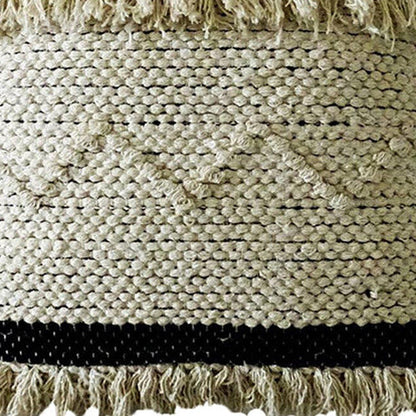 20" X 20" White And Black Ribbed Zippered Hand Loomed Cotton Blend Throw Pillow With Fringe