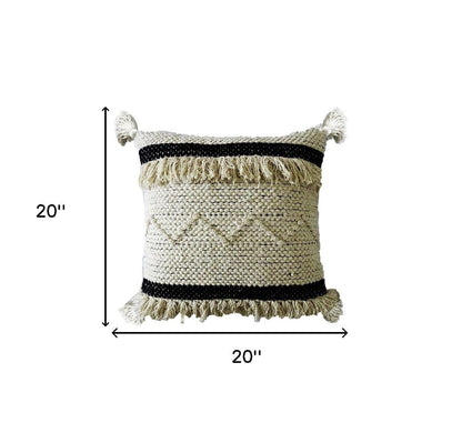 20" X 20" White And Black Ribbed Zippered Hand Loomed Cotton Blend Throw Pillow With Fringe