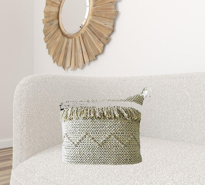 20" X 20" White And Black Ribbed Zippered Hand Loomed Cotton Blend Throw Pillow With Fringe