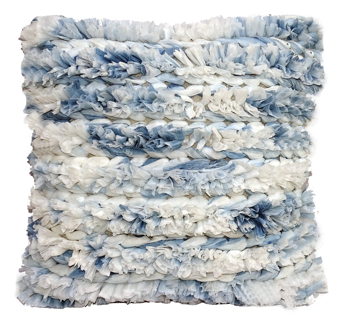 22" X 22" White And Blue Ombre Zippered Hand Loomed Cotton Blend Throw Pillow With Ruffles