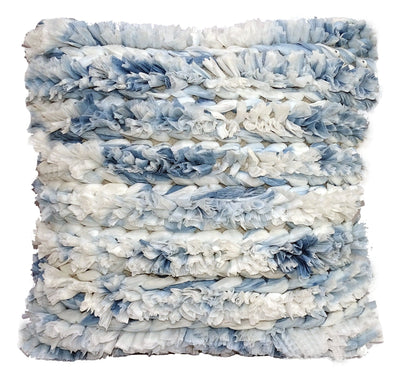 22" X 22" White And Blue Ombre Zippered Hand Loomed Cotton Blend Throw Pillow With Ruffles