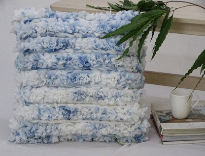 22" X 22" White And Blue Ombre Zippered Hand Loomed Cotton Blend Throw Pillow With Ruffles