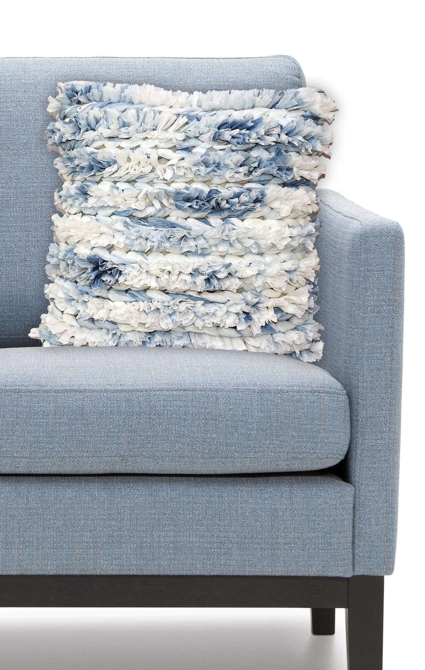 22" X 22" White And Blue Ombre Zippered Hand Loomed Cotton Blend Throw Pillow With Ruffles
