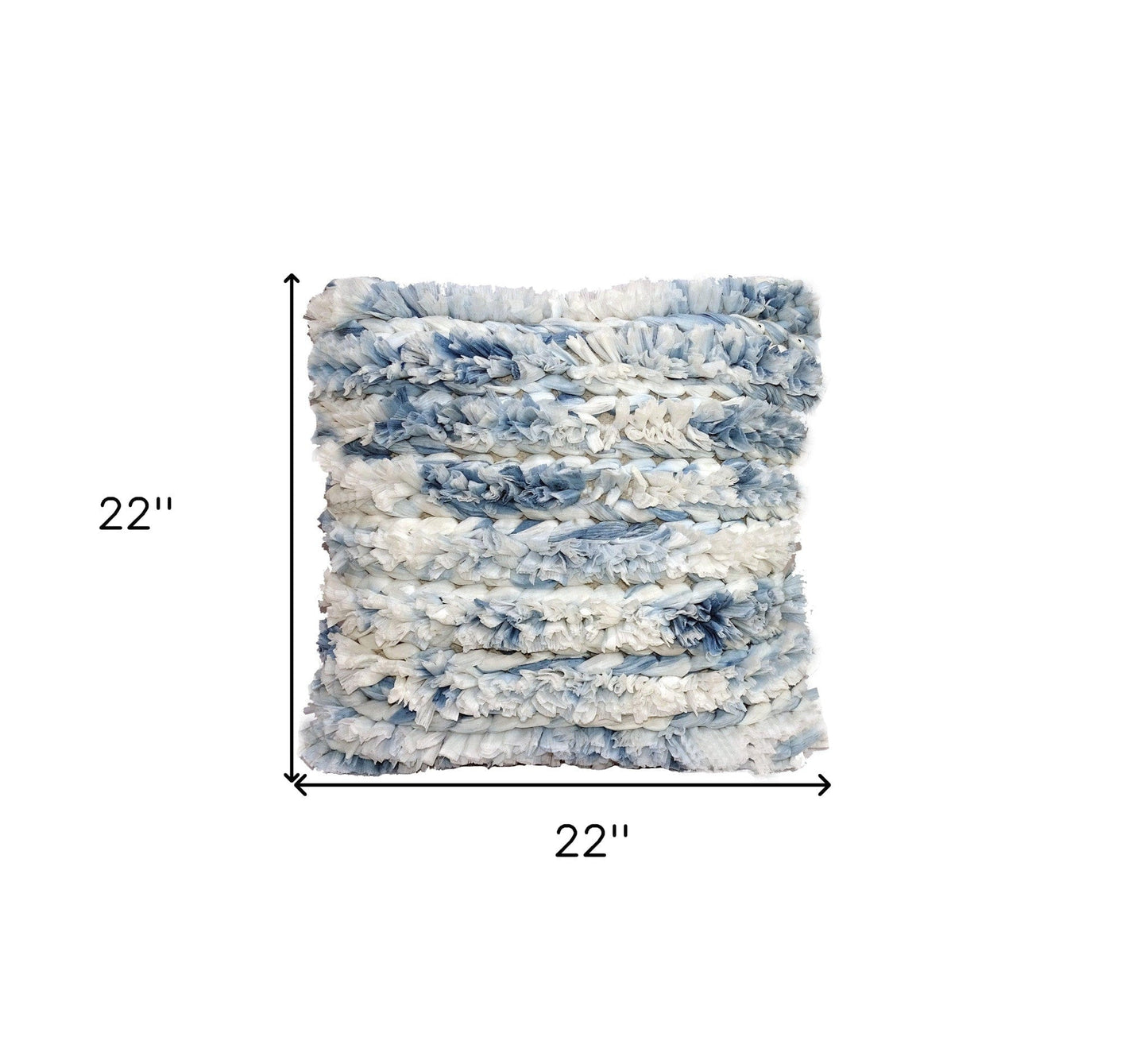 22" X 22" White And Blue Ombre Zippered Hand Loomed Cotton Blend Throw Pillow With Ruffles