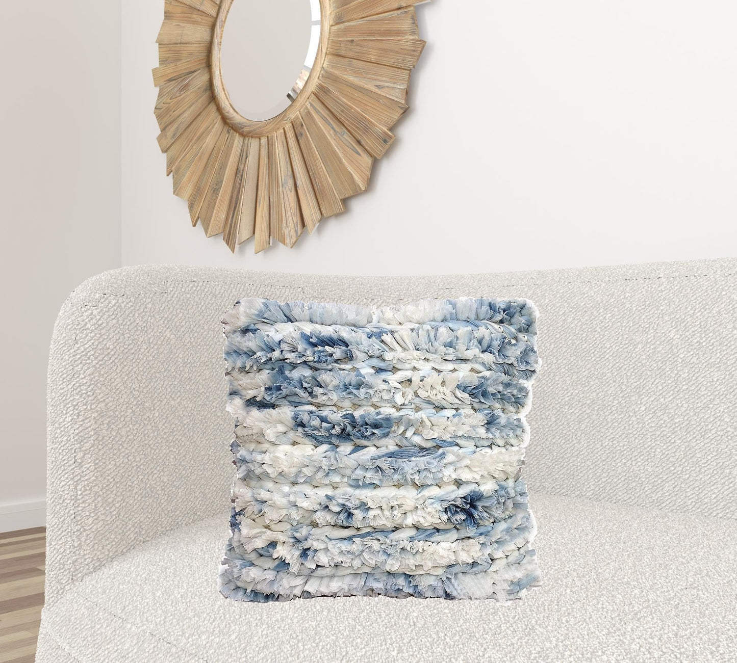 22" X 22" White And Blue Ombre Zippered Hand Loomed Cotton Blend Throw Pillow With Ruffles
