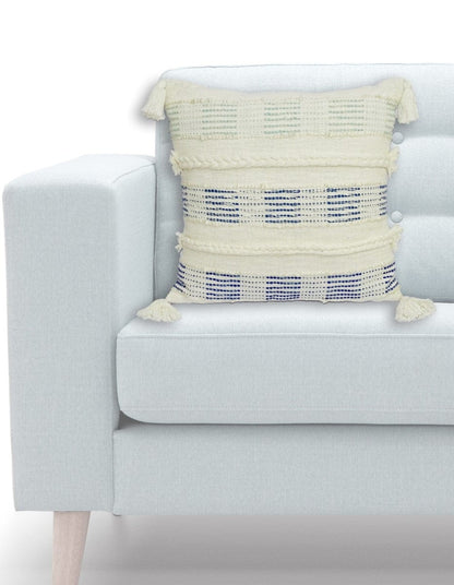 22" X 22" Off White And Blue Checkered Zippered Handmade Cotton Blend Throw Pillow With Tassels