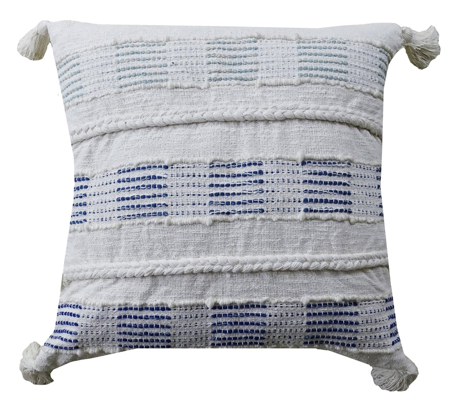22" X 22" Off White And Blue Checkered Zippered Handmade Cotton Blend Throw Pillow With Tassels