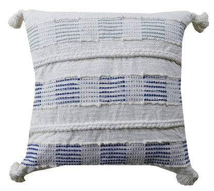 22" X 22" Off White And Blue Checkered Zippered Handmade Cotton Blend Throw Pillow With Tassels