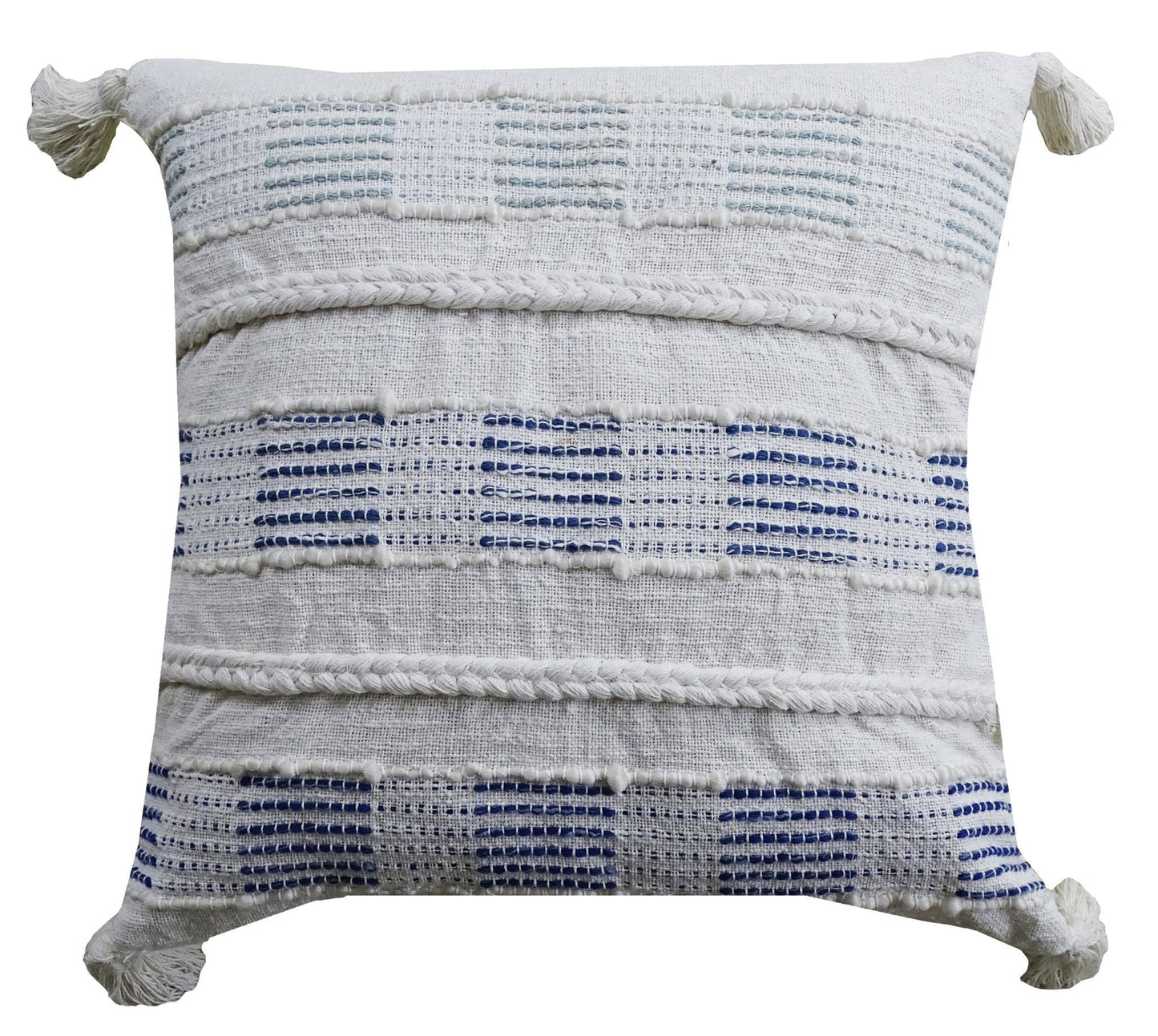 22" X 22" Off White And Blue Checkered Zippered Handmade Cotton Blend Throw Pillow With Tassels