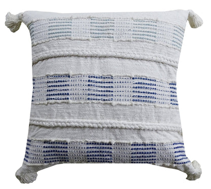 22" X 22" Off White And Blue Checkered Zippered Handmade Cotton Blend Throw Pillow With Tassels