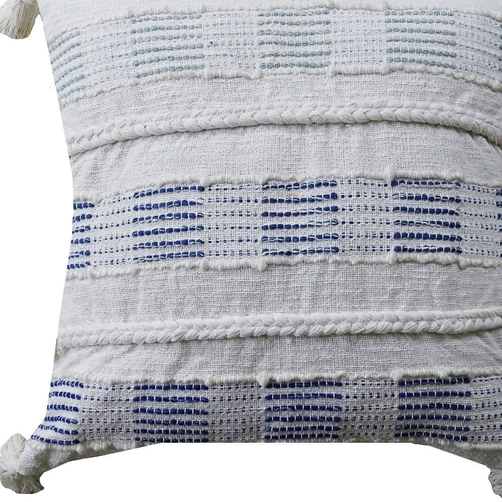 22" X 22" Off White And Blue Checkered Zippered Handmade Cotton Blend Throw Pillow With Tassels
