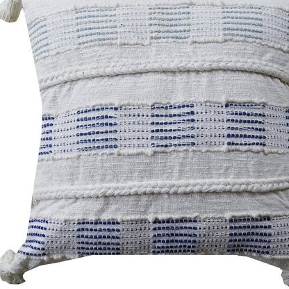 22" X 22" Off White And Blue Checkered Zippered Handmade Cotton Blend Throw Pillow With Tassels