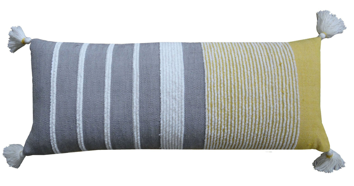 14" X 36" Gray And Yellow Striped Handmade Cotton Blend Throw Pillow With Tassels