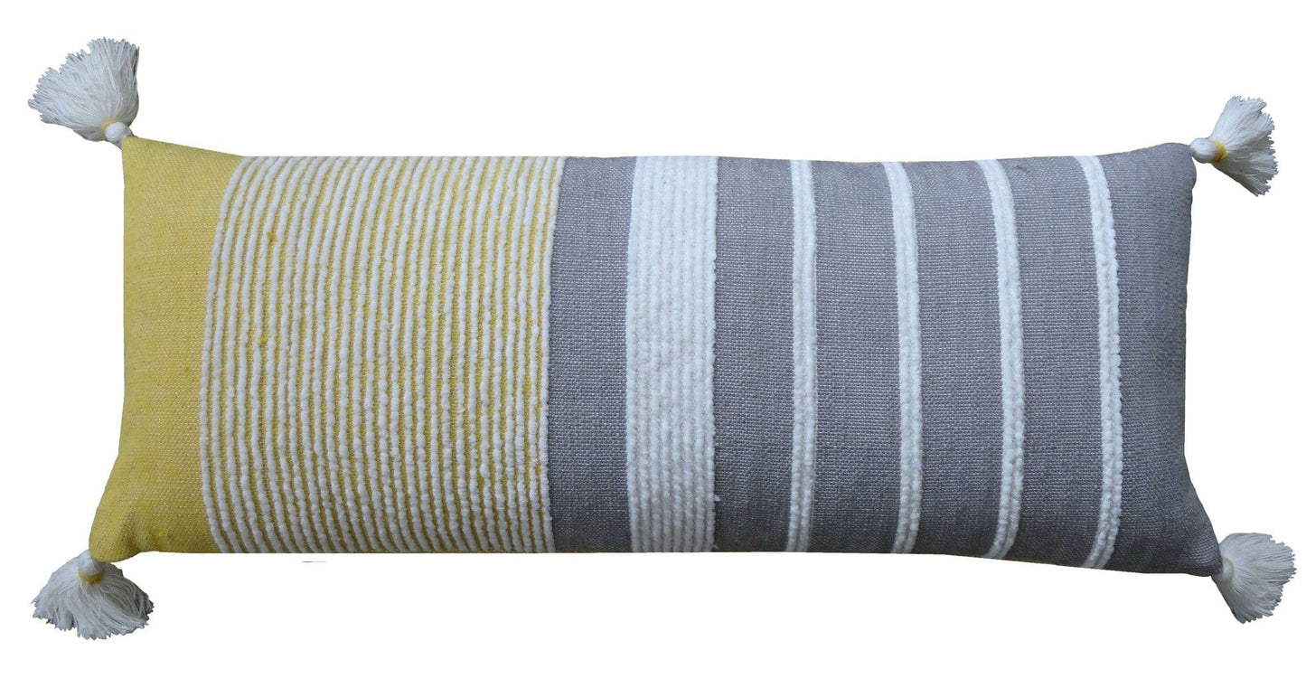 14" X 36" Gray And Yellow Striped Handmade Cotton Blend Throw Pillow With Tassels