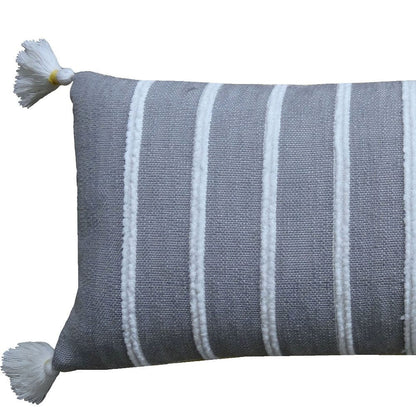 14" X 36" Gray And Yellow Striped Handmade Cotton Blend Throw Pillow With Tassels