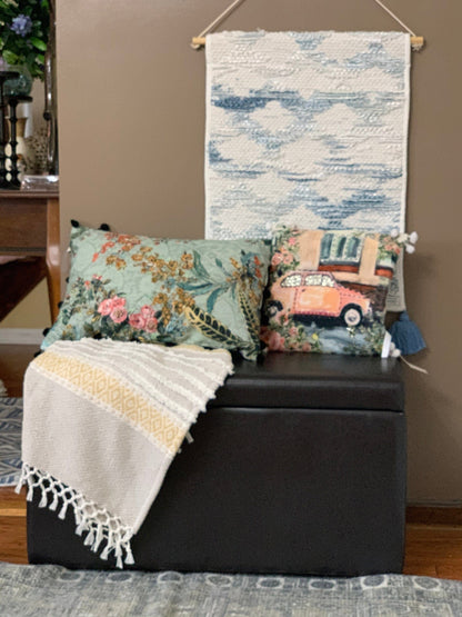 14" X 20" Green And Yellow Floral Zippered Handmade Cotton Blend Throw Pillow With Pom Poms