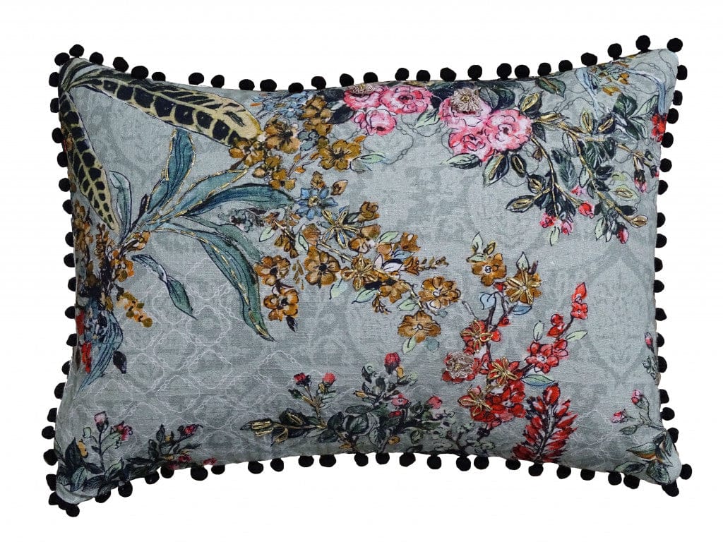 14" X 20" Green And Yellow Floral Zippered Handmade Cotton Blend Throw Pillow With Pom Poms