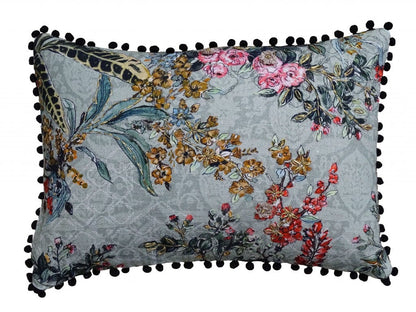 14" X 20" Green And Yellow Floral Zippered Handmade Cotton Blend Throw Pillow With Pom Poms