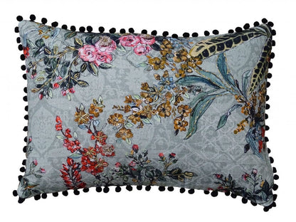 14" X 20" Green And Yellow Floral Zippered Handmade Cotton Blend Throw Pillow With Pom Poms