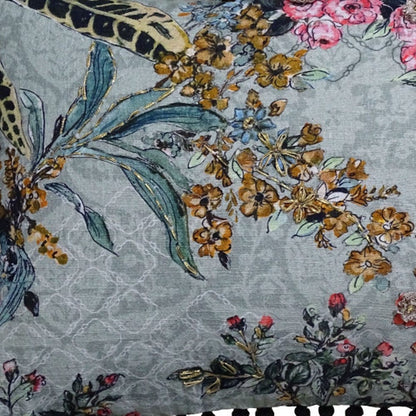 14" X 20" Green And Yellow Floral Zippered Handmade Cotton Blend Throw Pillow With Pom Poms