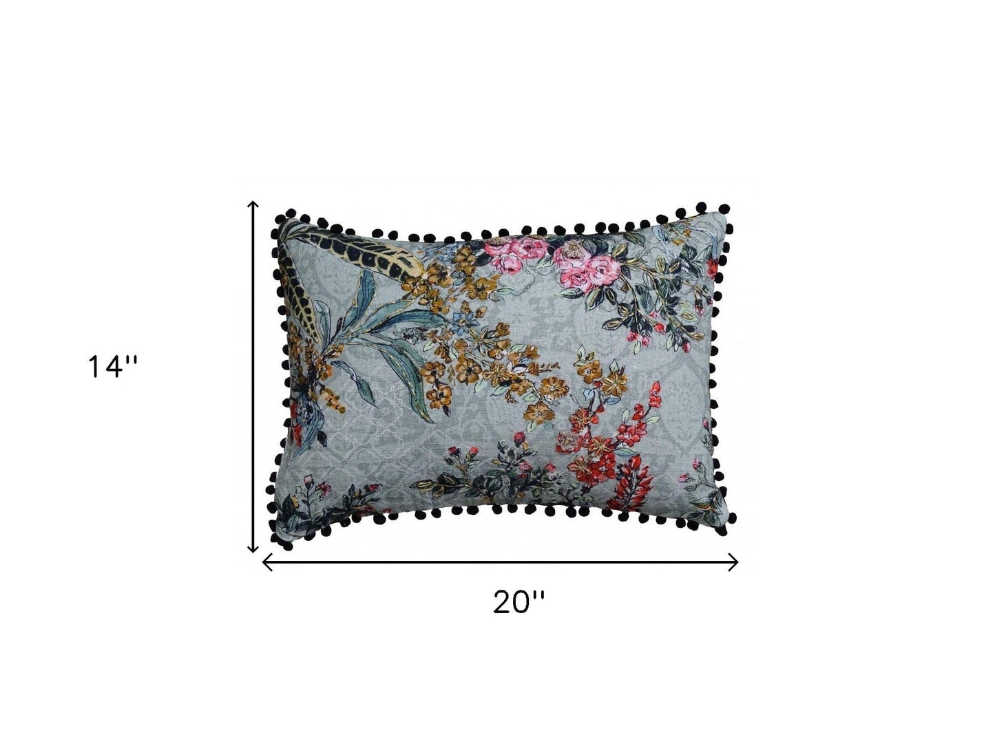 14" X 20" Green And Yellow Floral Zippered Handmade Cotton Blend Throw Pillow With Pom Poms