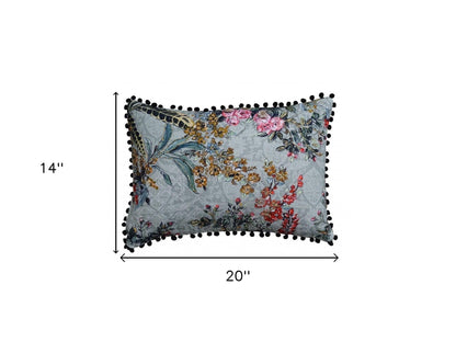 14" X 20" Green And Yellow Floral Zippered Handmade Cotton Blend Throw Pillow With Pom Poms