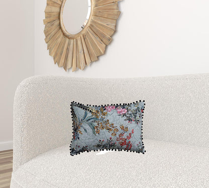 14" X 20" Green And Yellow Floral Zippered Handmade Cotton Blend Throw Pillow With Pom Poms