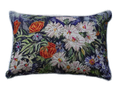 14" X 20" Blue And White Floral Zippered Handmade Cotton Blend Throw Pillow