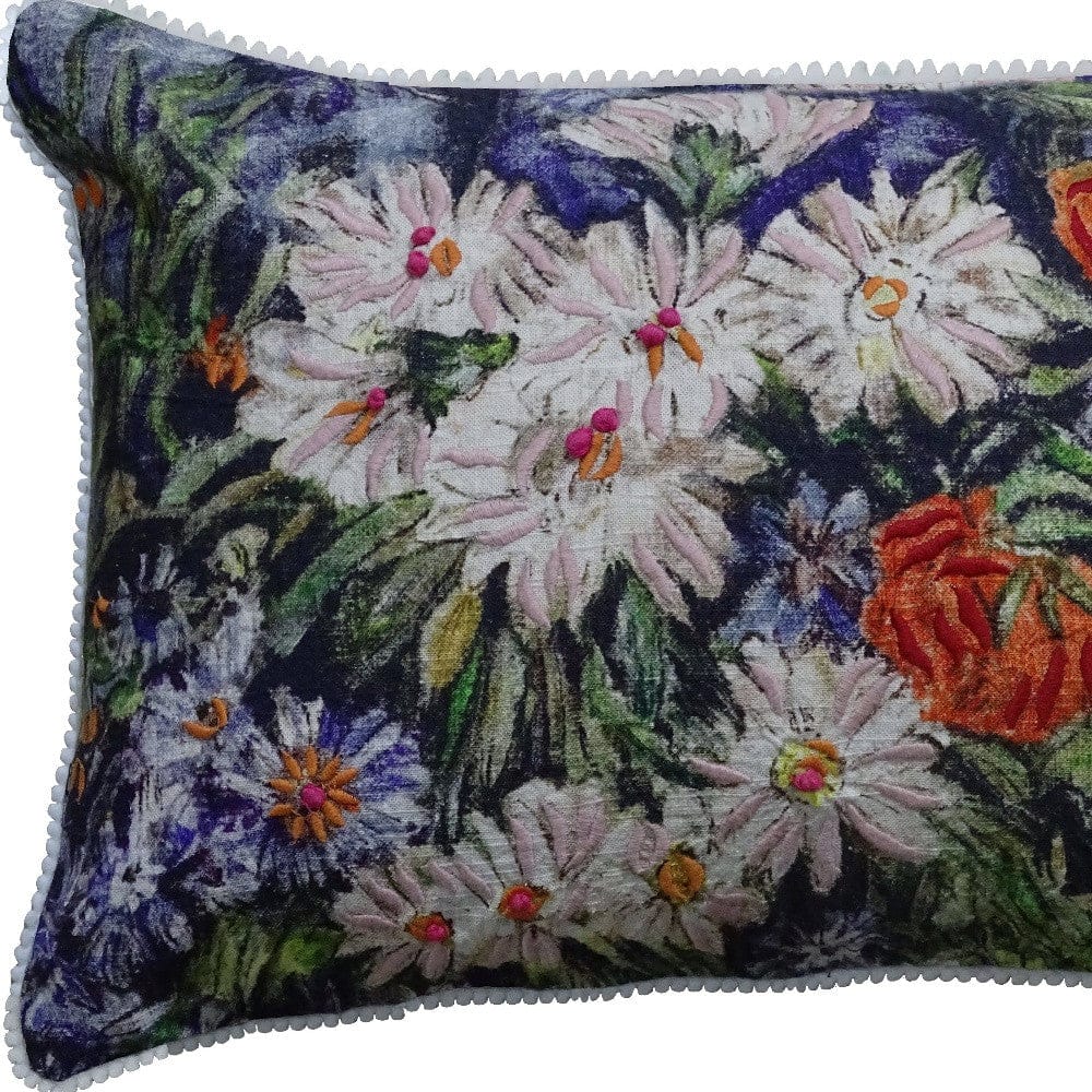 14" X 20" Blue And White Floral Zippered Handmade Cotton Blend Throw Pillow