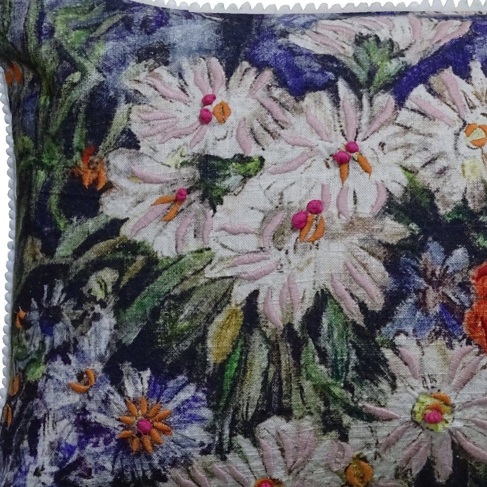 14" X 20" Blue And White Floral Zippered Handmade Cotton Blend Throw Pillow