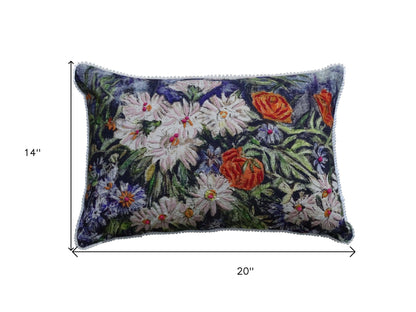 14" X 20" Blue And White Floral Zippered Handmade Cotton Blend Throw Pillow