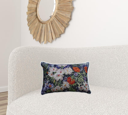 14" X 20" Blue And White Floral Zippered Handmade Cotton Blend Throw Pillow