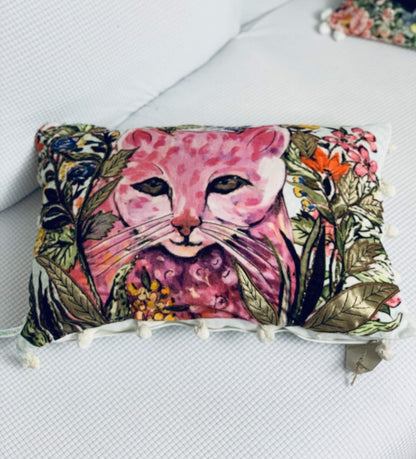 14" X 20" Pink Cat Zippered Handmade Cotton Blend Throw Pillow With Pom Poms