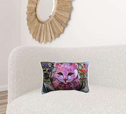 14" X 20" Pink Cat Zippered Handmade Cotton Blend Throw Pillow With Pom Poms