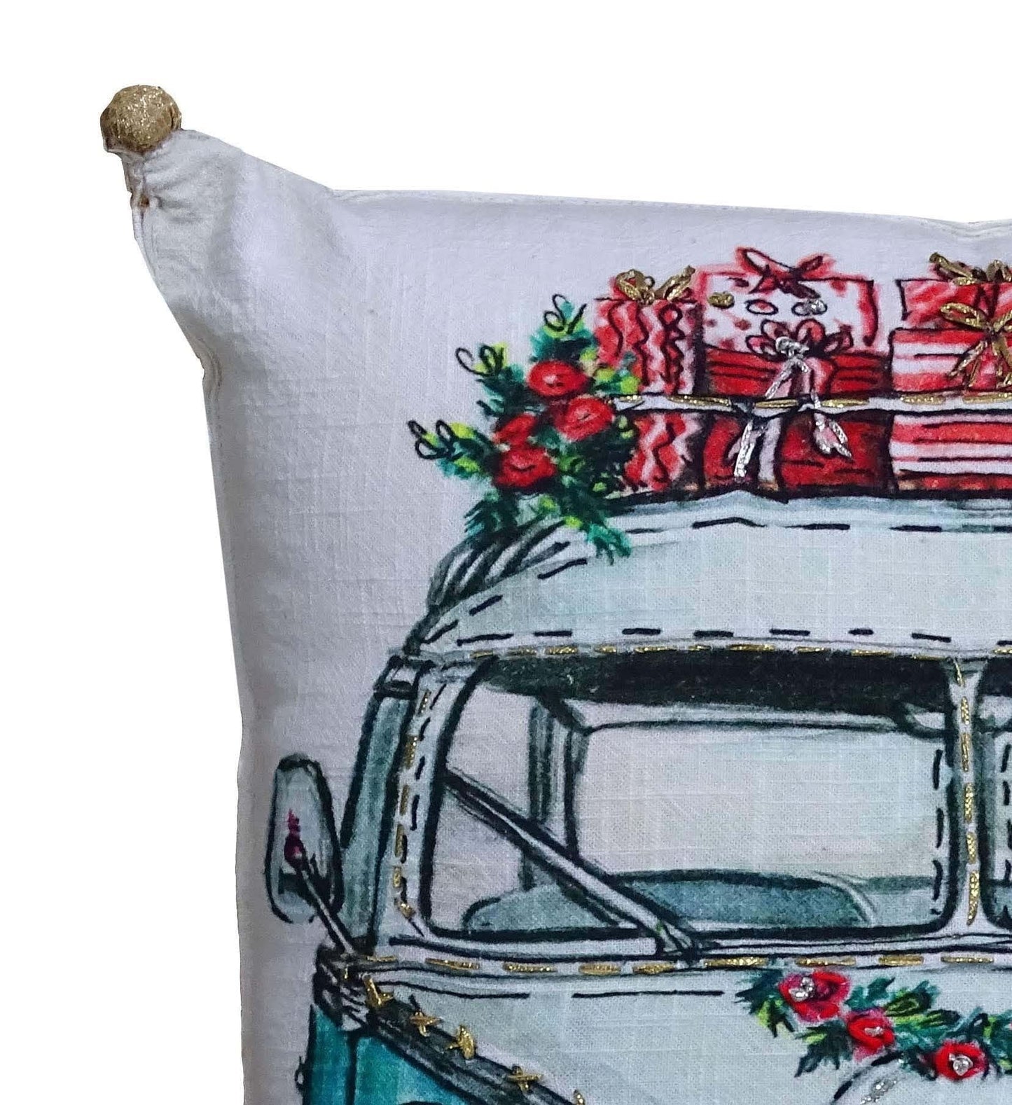 18" X 18" Red And Green Zippered Handmade Cotton Blend Christmas Holiday Van Throw Pillow With Embroidery