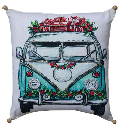 18" X 18" Red And Green Zippered Handmade Cotton Blend Christmas Holiday Van Throw Pillow With Embroidery