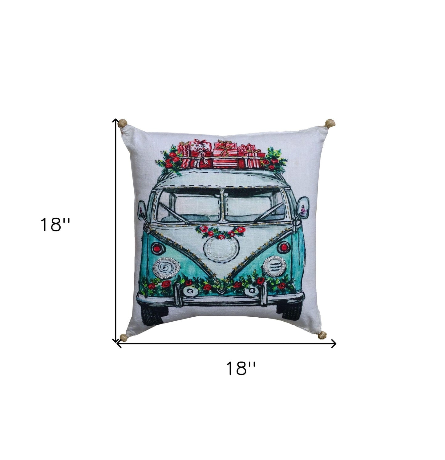 18" X 18" Red And Green Zippered Handmade Cotton Blend Christmas Holiday Van Throw Pillow With Embroidery