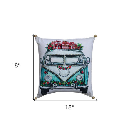 18" X 18" Red And Green Zippered Handmade Cotton Blend Christmas Holiday Van Throw Pillow With Embroidery