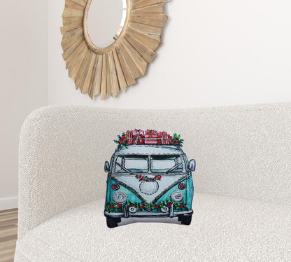 18" X 18" Red And Green Zippered Handmade Cotton Blend Christmas Holiday Van Throw Pillow With Embroidery