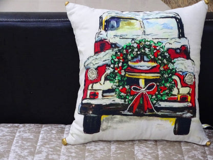 18" X 18" Red And Green Handmade Christmas Car Throw Pillow With Pom Poms