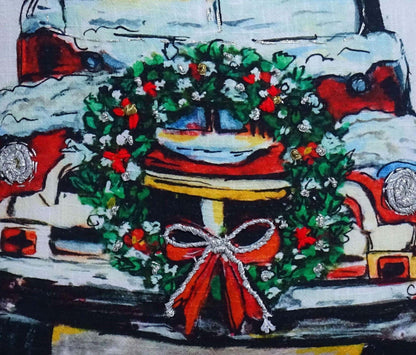 18" X 18" Red And Green Handmade Christmas Car Throw Pillow With Pom Poms