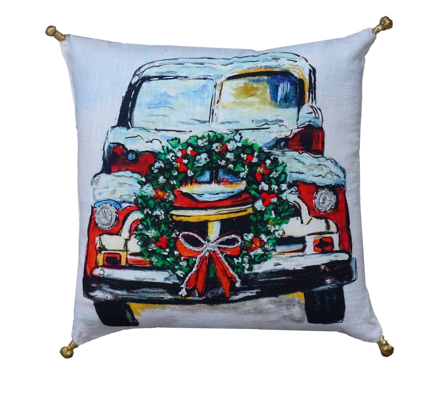18" X 18" Red And Green Handmade Christmas Car Throw Pillow With Pom Poms
