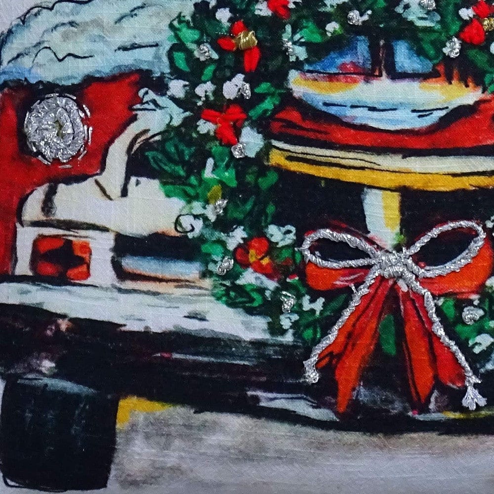 18" X 18" Red And Green Handmade Christmas Car Throw Pillow With Pom Poms