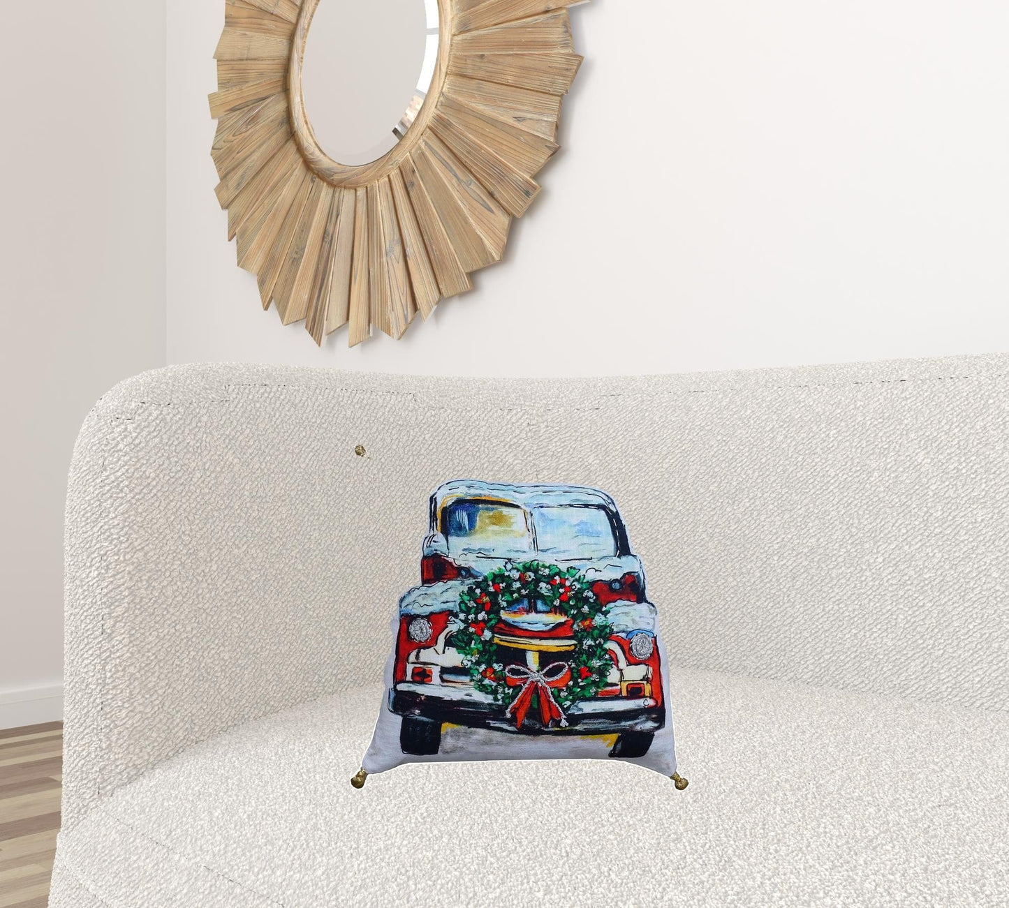 18" X 18" Red And Green Handmade Christmas Car Throw Pillow With Pom Poms