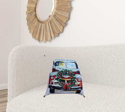 18" X 18" Red And Green Handmade Christmas Car Throw Pillow With Pom Poms